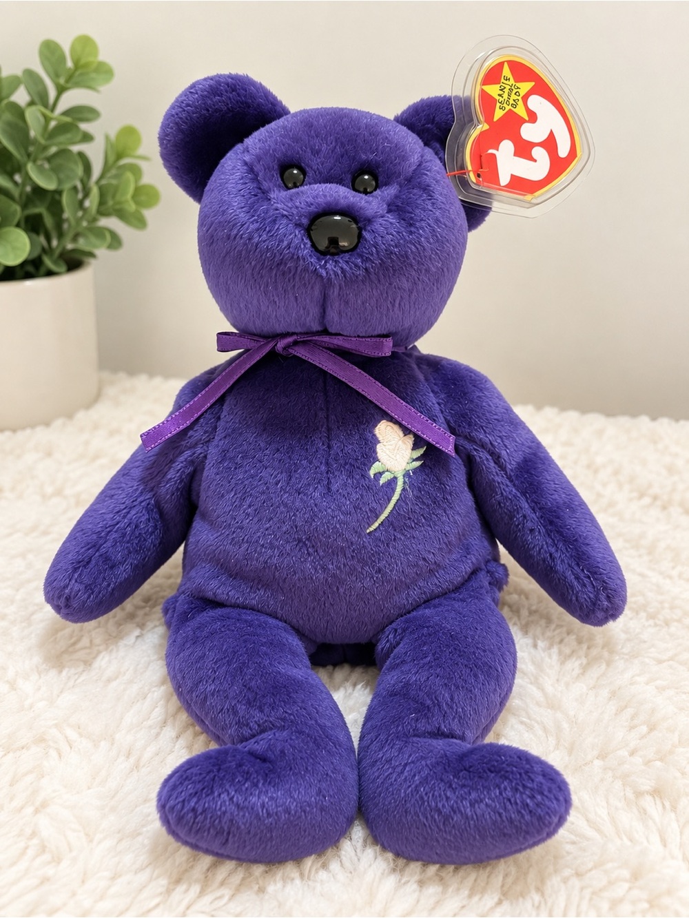 Ty Purple Rose Bear Plush with Ribbon